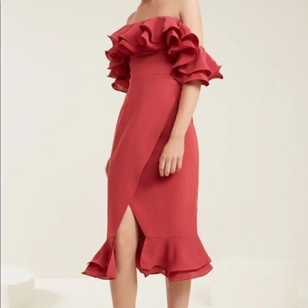 NEW C/MEO COLLECTIVE IMMERSE RUFFLE OFF SHOULDER MIDI DRESS